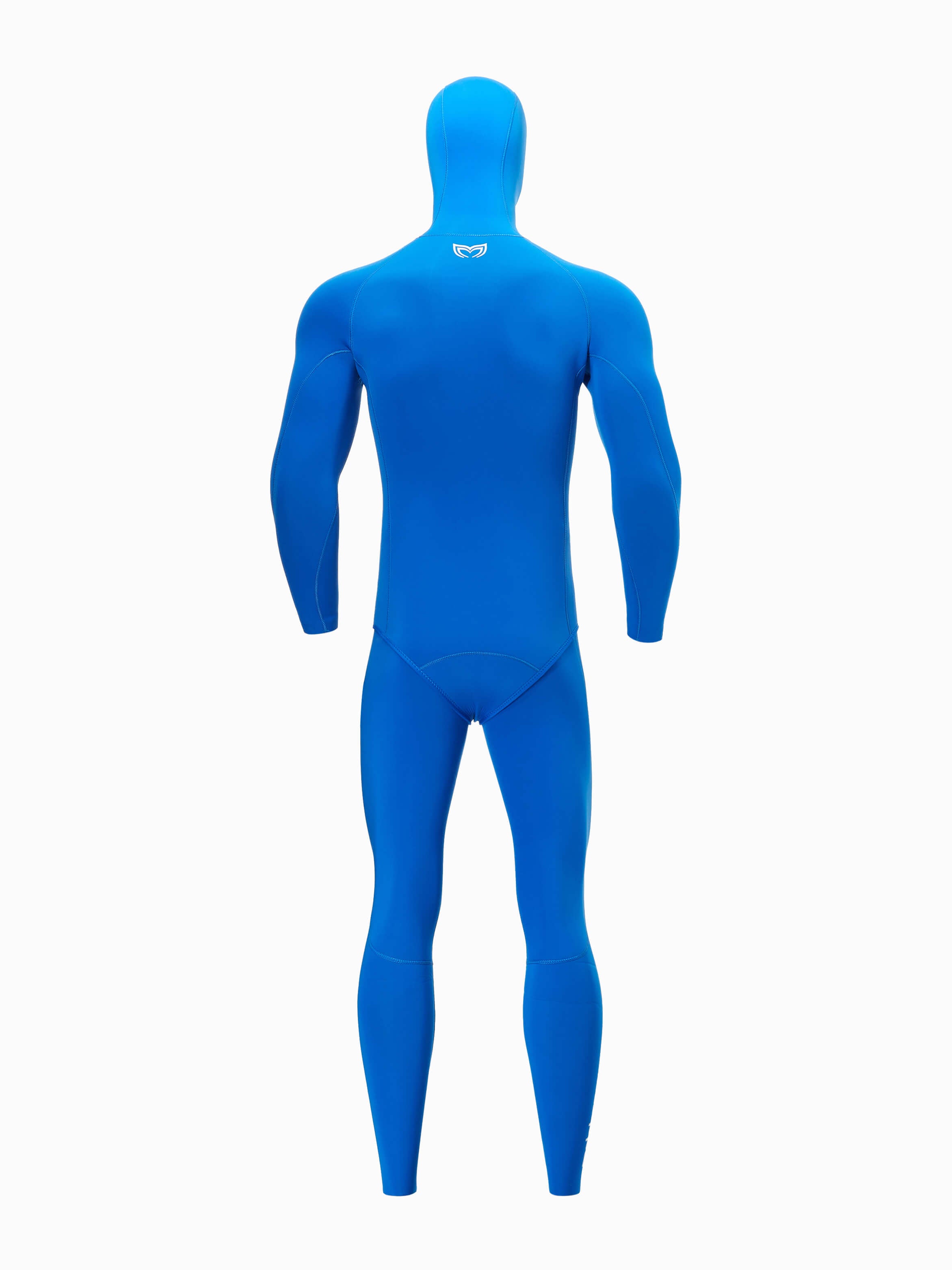 Molchanovs SPORT men's freediving wetsuit outside-lined, blue, hooded two-piece, rear view on mannequin