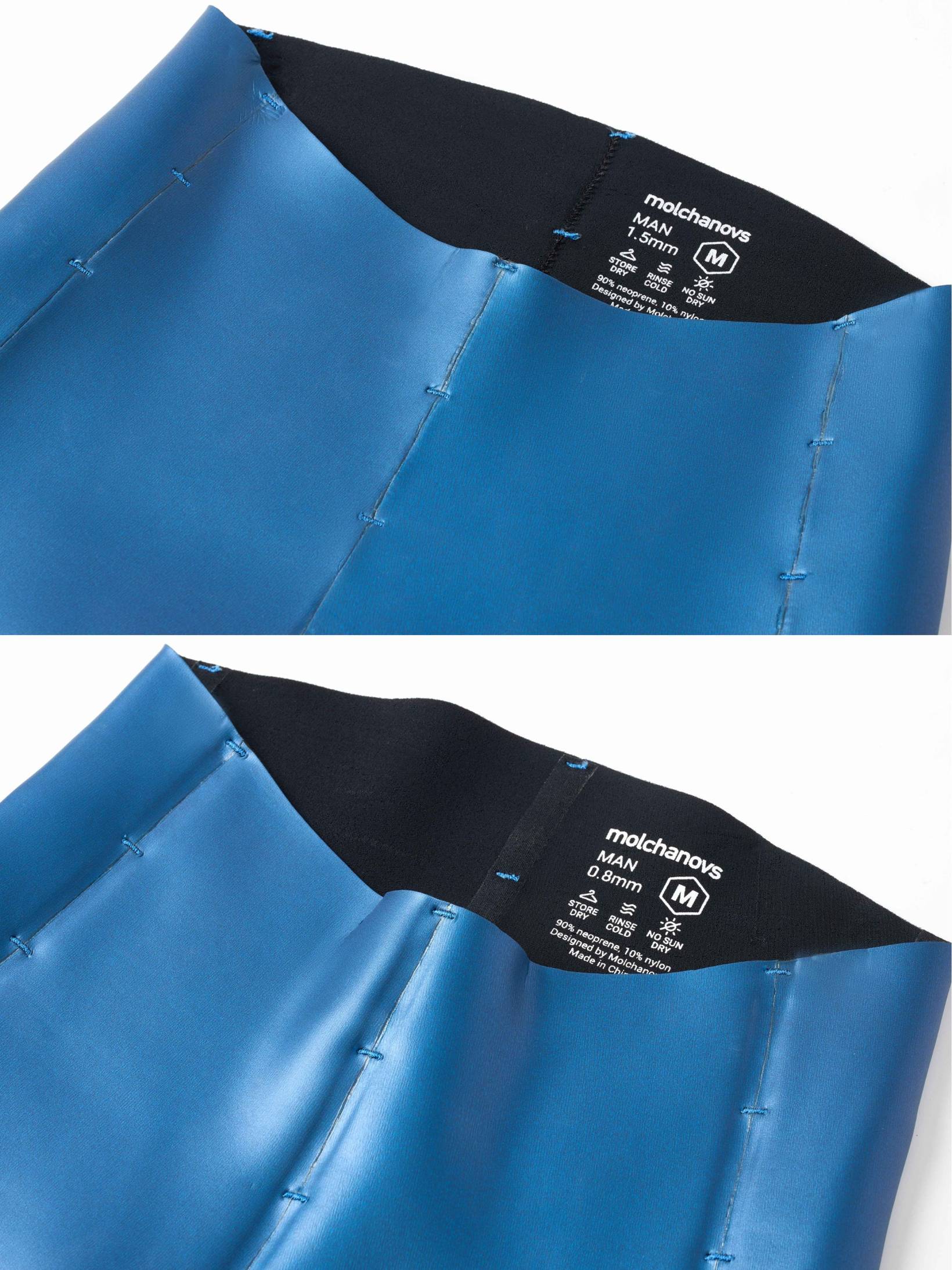 Molchanovs PRO men's wetsuit care label in blue, showing 90% neoprene 10% nylon composition in 1.5mm and 0.8mm variants