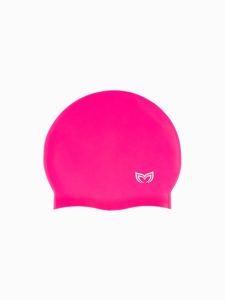 Molchanovs CORE silicone swim cap in hot pink showing the Molchanovs wing logo, reverse angle