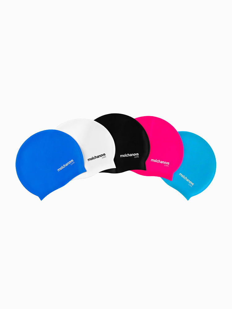 Molchanovs CORE silicone swim caps in all five colours: blue, white, black, pink, and light blue, fanned out together