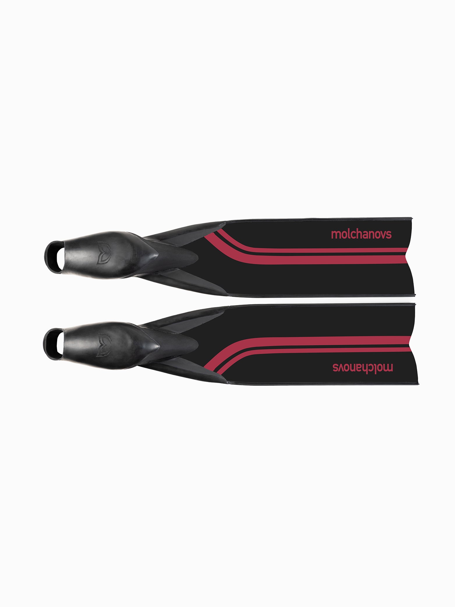 Molchanovs PRO Hyper Bifins X Fiberglass in black with deep pink stripe, pair shown from above