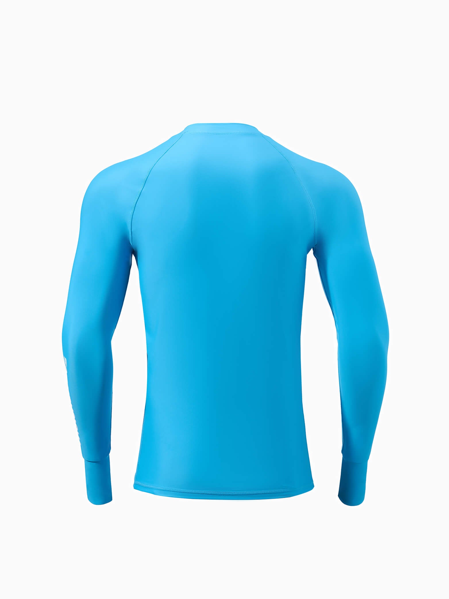 Molchanovs Men's UPF 50+ rash guard in blue, back view on mannequin with Molchanovs text on sleeve and ribbed cuffs