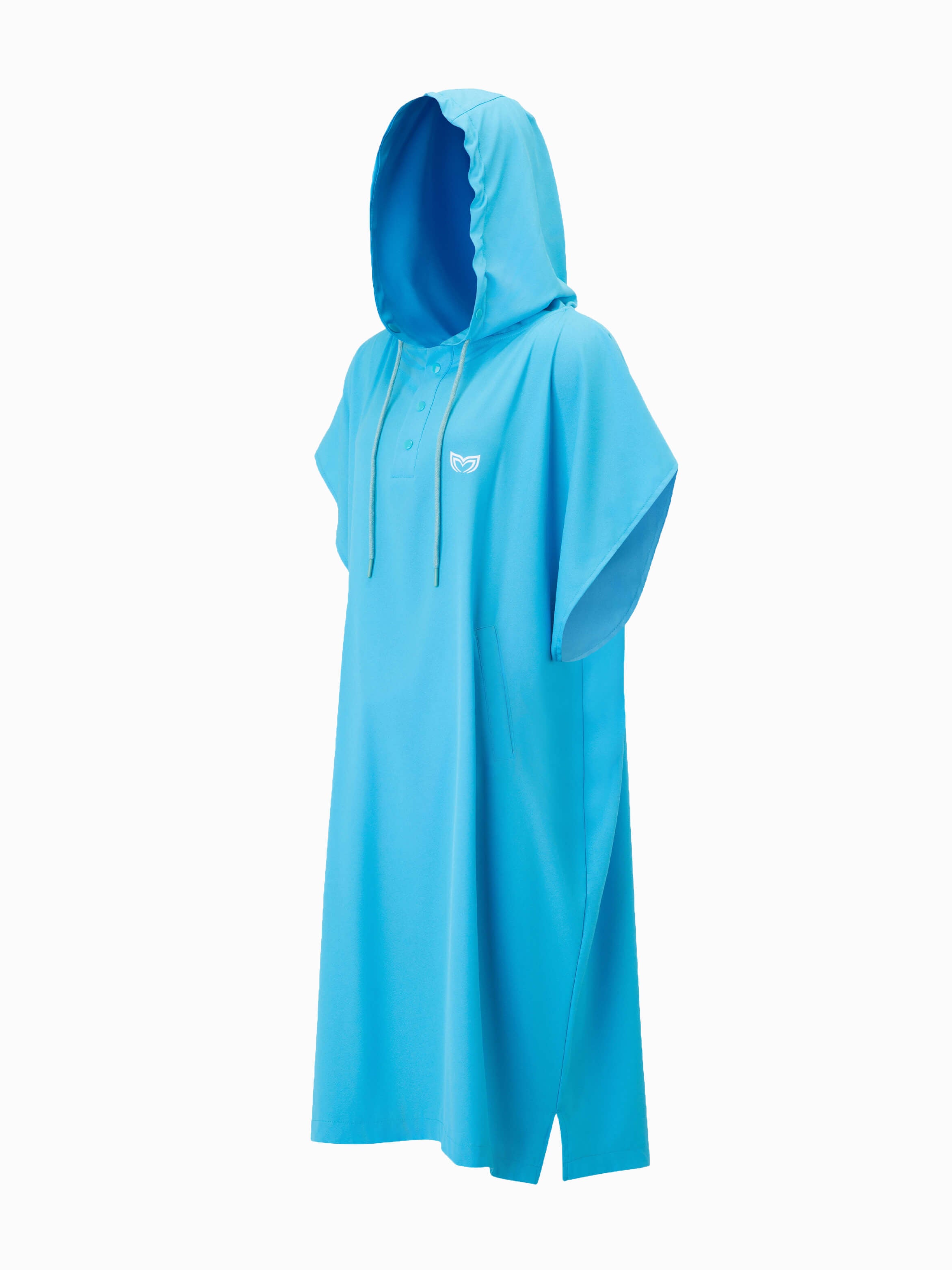 Molchanovs lightweight poncho towel in blue, three-quarter side view showing hood depth and side vents