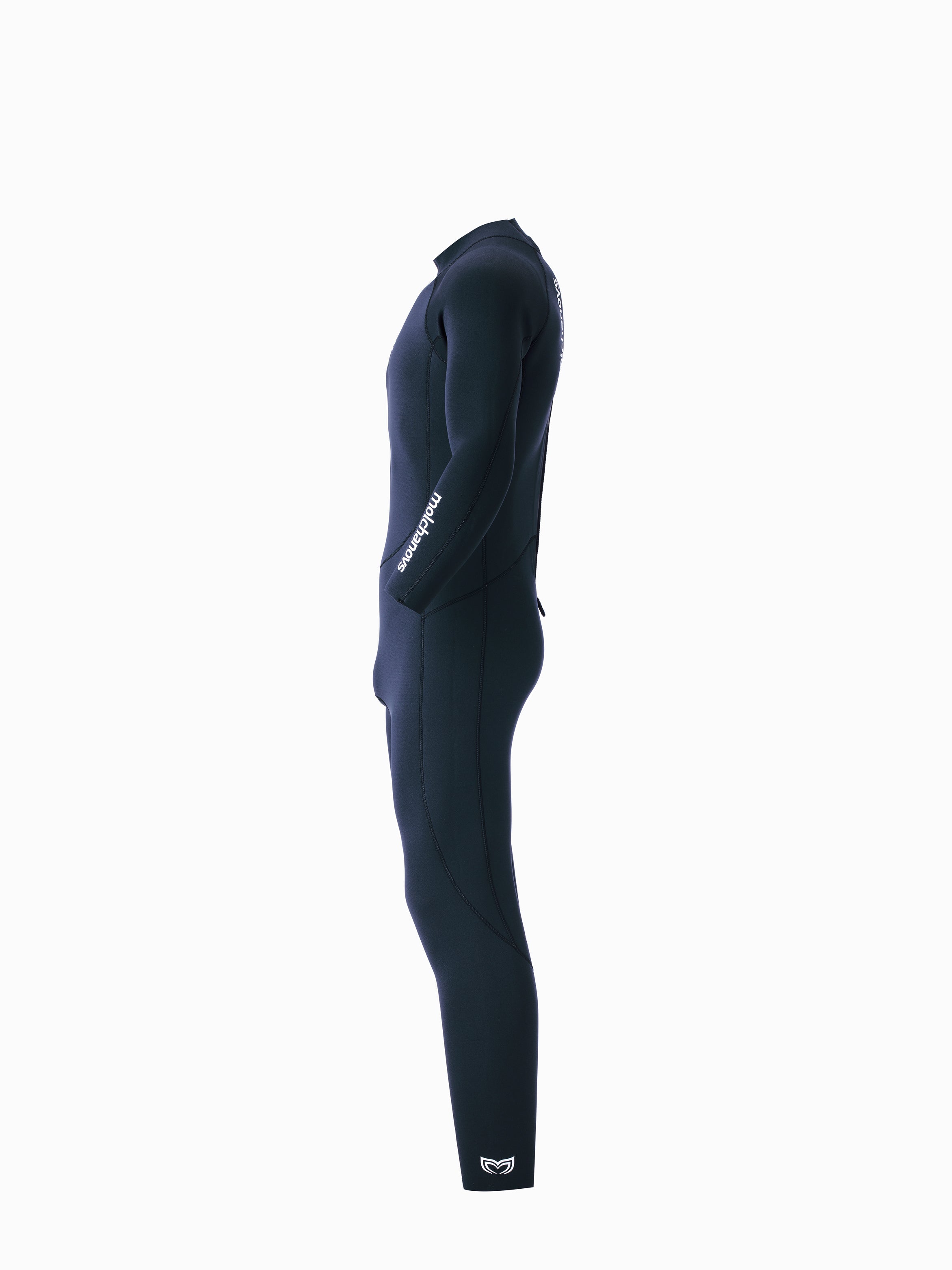Molchanovs CORE mens 2.5mm one piece wetsuit, navy neoprene, direct side profile view on mannequin form