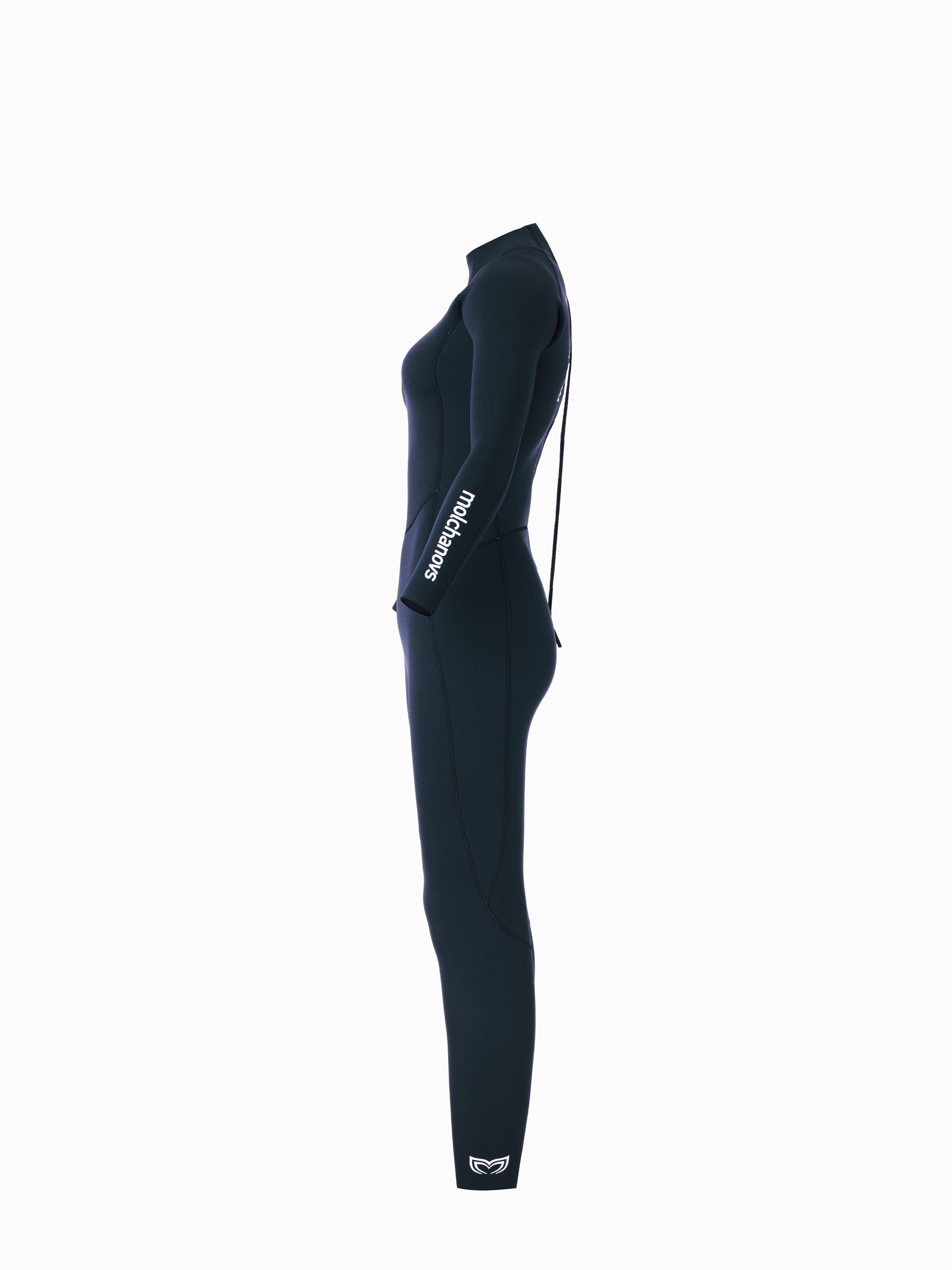 Molchanovs CORE women's 2.5mm freediving wetsuit, side profile view on mannequin showing slim fit and back zip