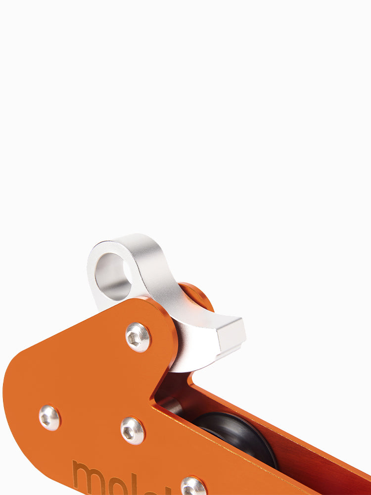 Close-up of the Molchanovs A6061 rope pulley carabiner attachment loop and roller detail