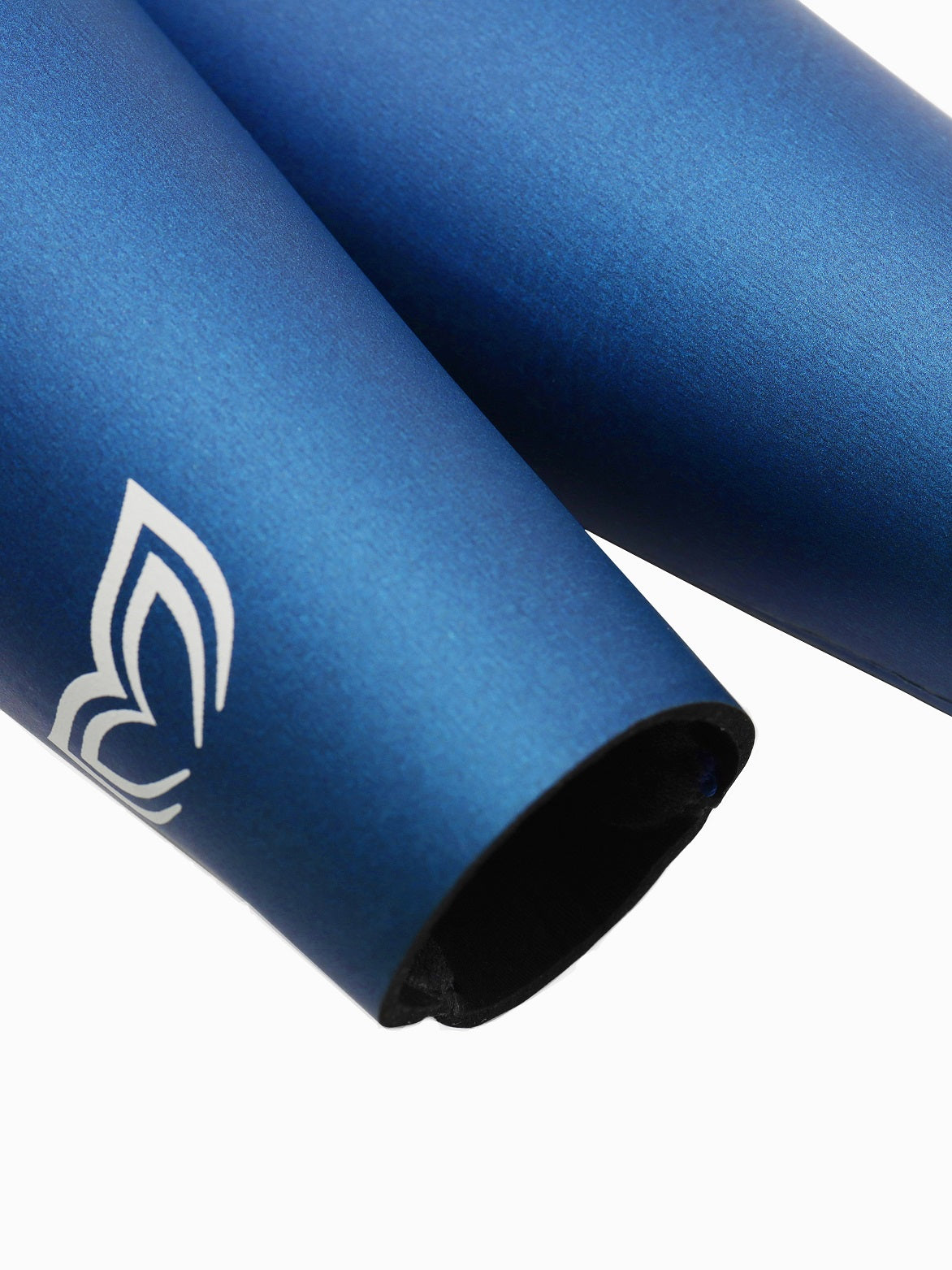 Rolled blue smooth skin neoprene panel with Molchanovs logo, showing the inside-lined fabric edge