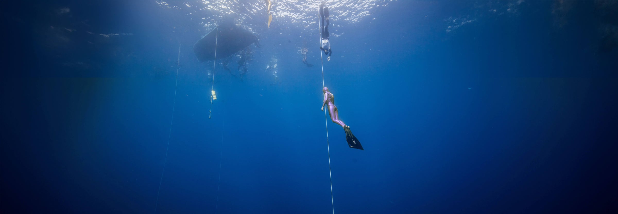 Freediver in a purple wetsuit descending a dive line in open ocean, Natalia Legacy Collection hero banner