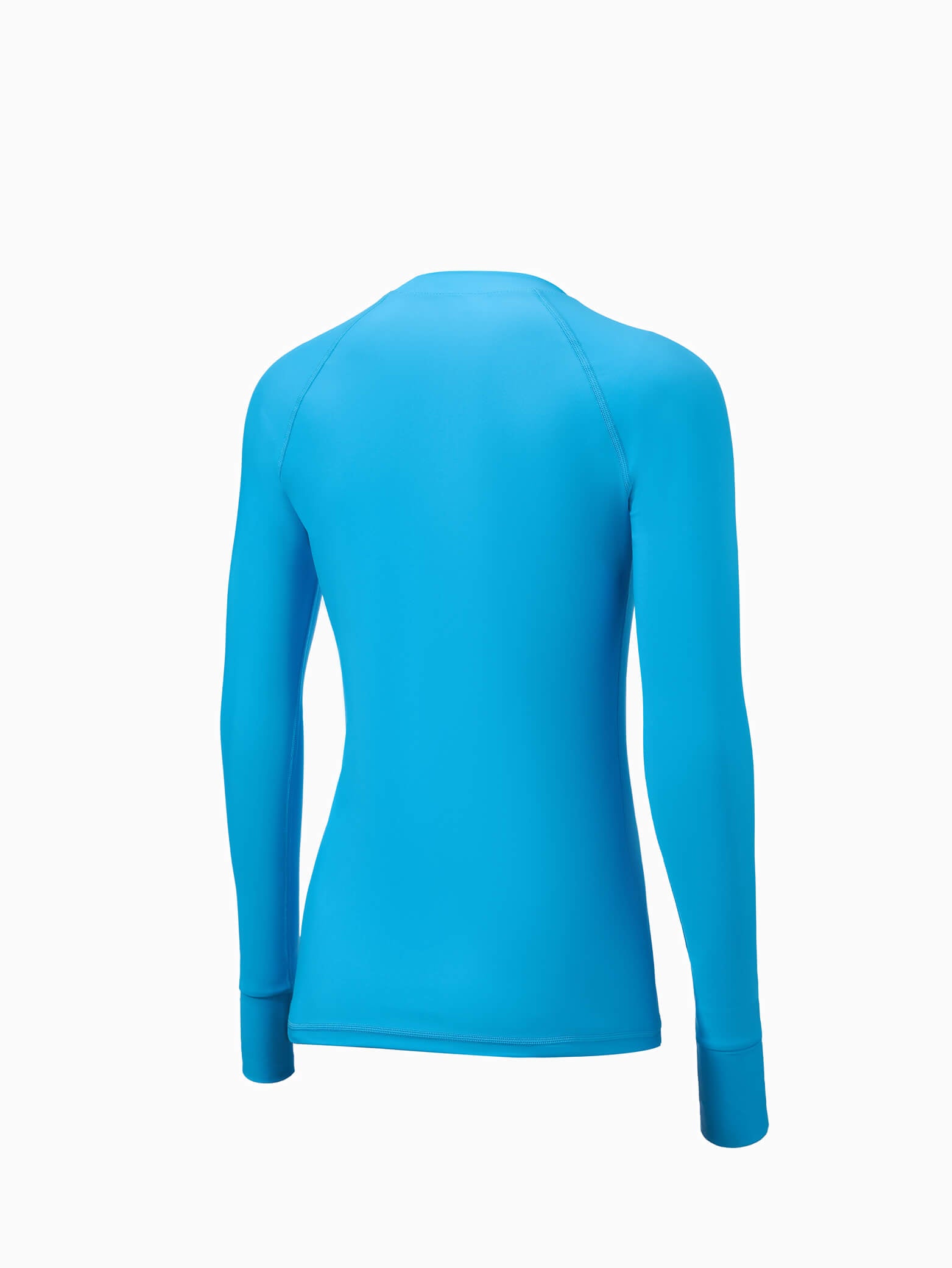 Molchanovs Women's UPF 50 Rashguard in blue, angled rear view highlighting raglan seams and slim fit