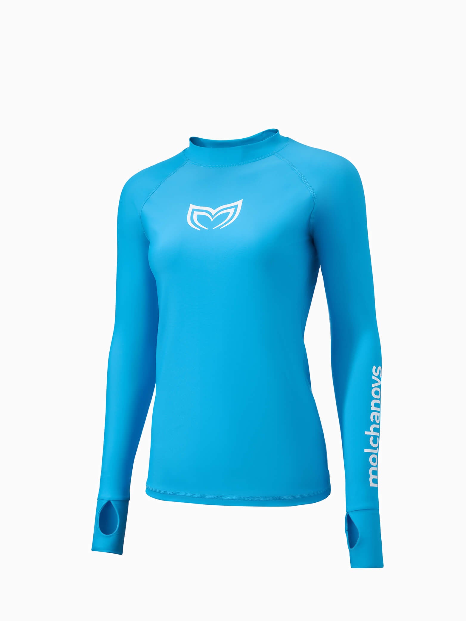 Molchanovs Women's UPF 50 Rashguard in blue, angled front view showing arm-sleeve Molchanovs wordmark and thumb-loop cuffs