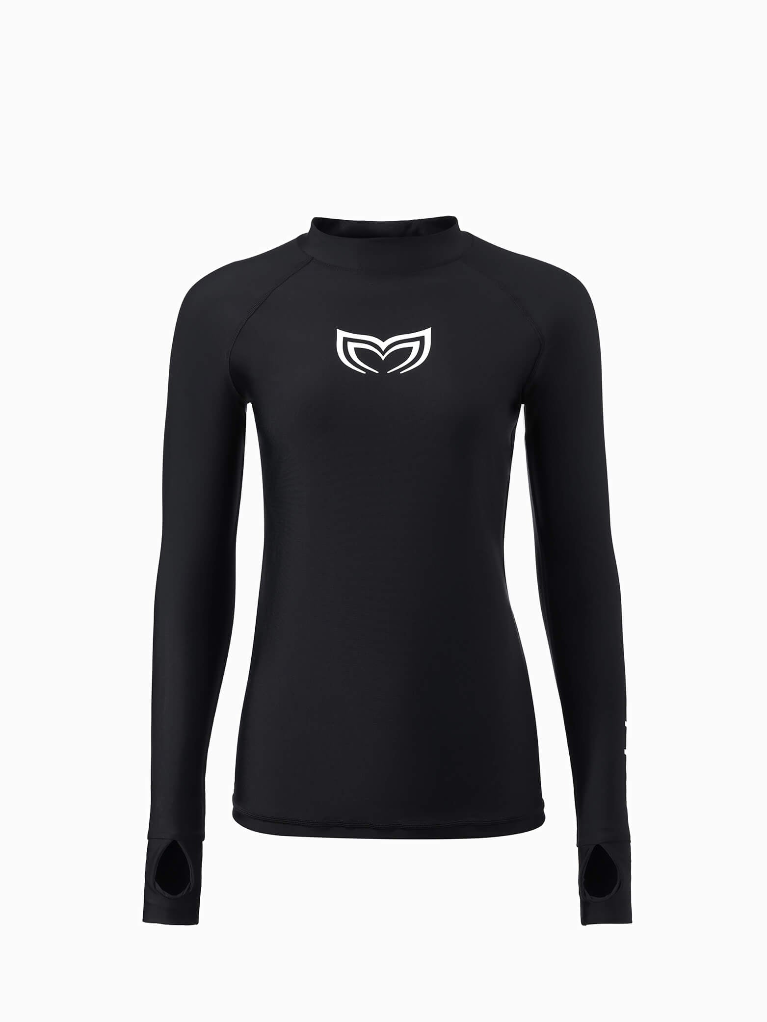 Molchanovs Women's UPF 50 Rashguard in black, front view, long sleeve with chest logo and thumb-loop cuffs