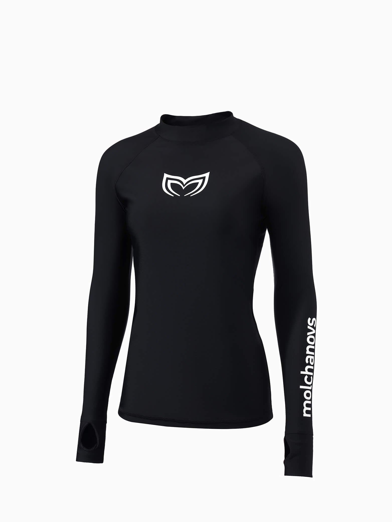 Molchanovs Women's UPF 50 Rashguard in black, angled front view showing sleeve wordmark and thumb-loop cuffs