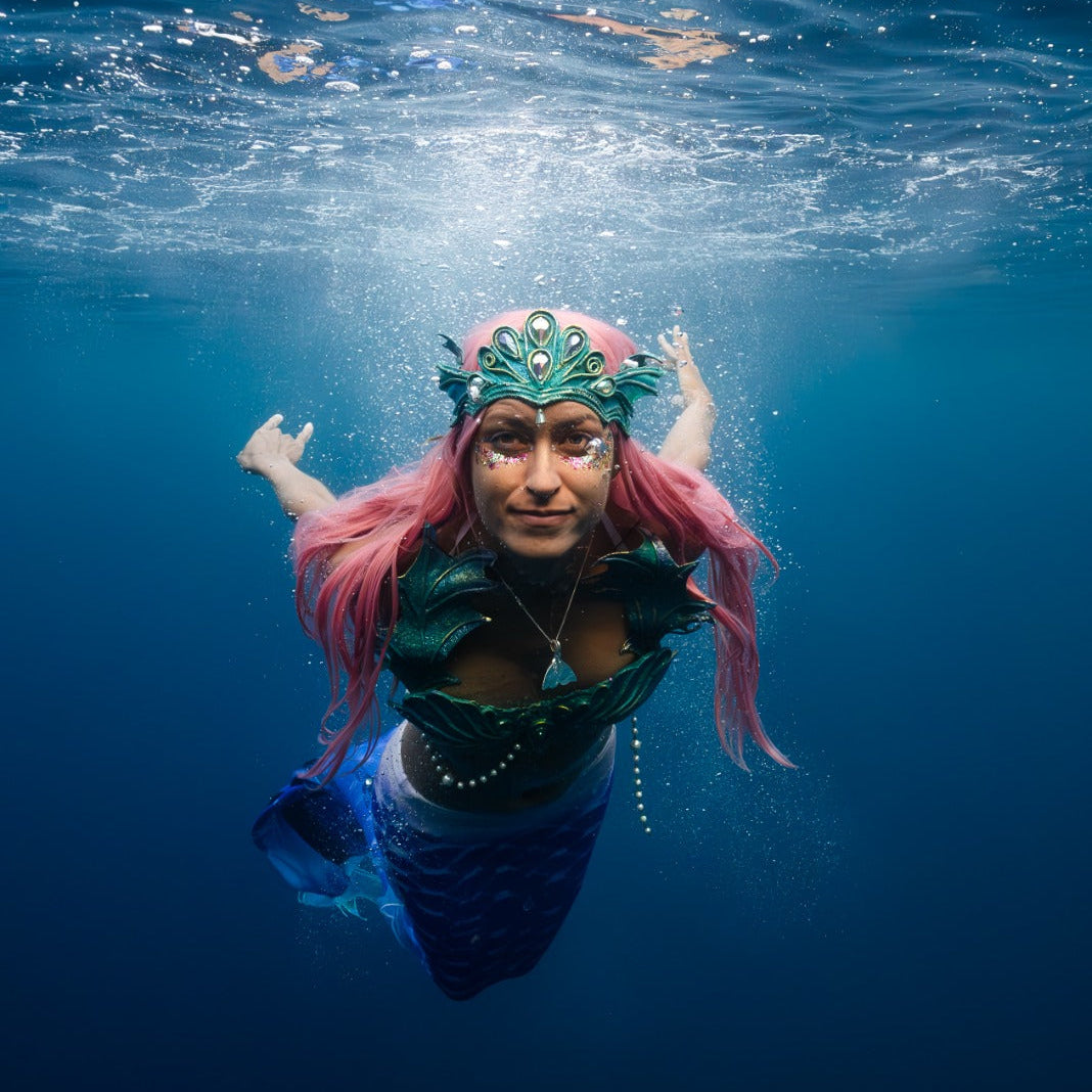 Performer in a mermaid costume freediving underwater in open blue water
